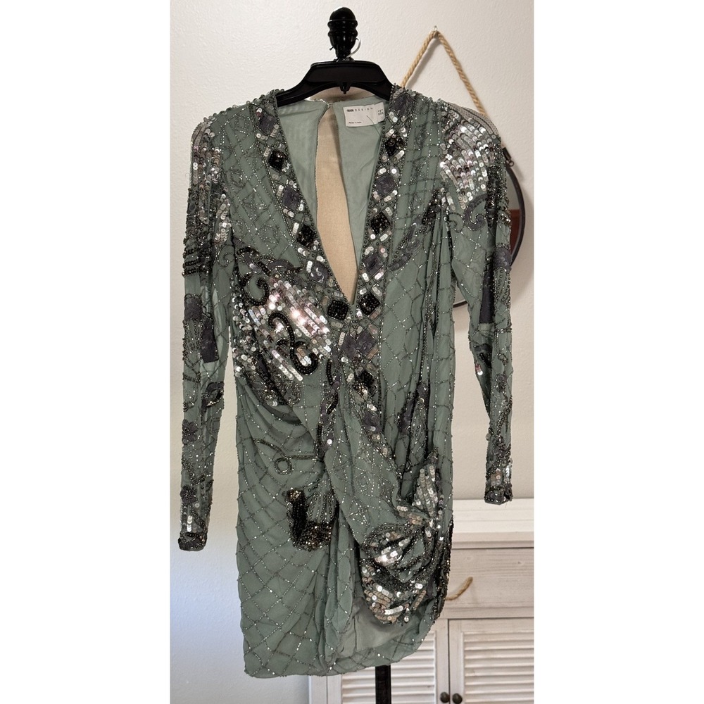 ASOS DESIGN Drape Embellished Mini Dress Floral Artwork Teal‎ SZ 2 Sold Out $200